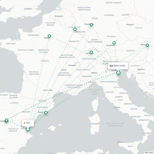 Mapa de vuelo directo Valencia - Venecia