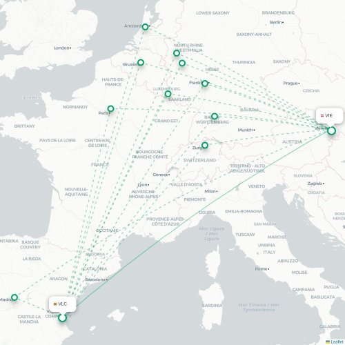 Valencia - Wien karta över direktflyg
