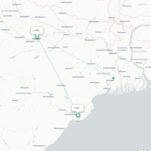 Varanasi - Bhubaneswar kort over direkte fly