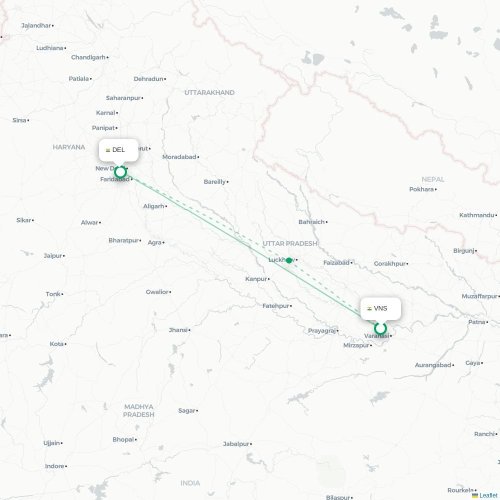 Varanasi – New Delhi suoran lennon kartta