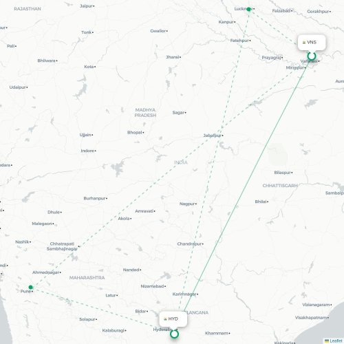 Varanasi – Hyderabad suoran lennon kartta