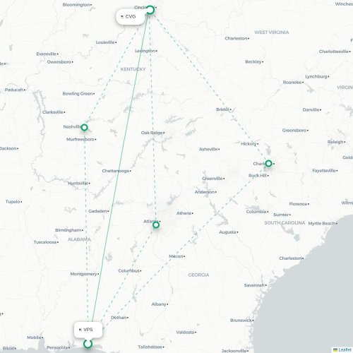 Mapa de vuelo directo Valparaiso - Cincinnati