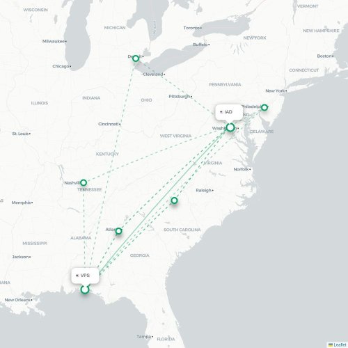 Mapa de vuelo directo Valparaiso - Washington D. C.