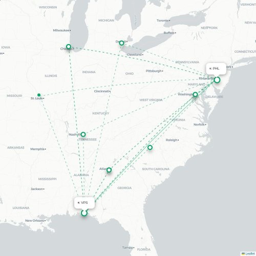 Mapa de vuelo directo Valparaiso - Filadelfia