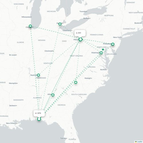 Mapa de vuelo directo Valparaiso - Pittsburgh