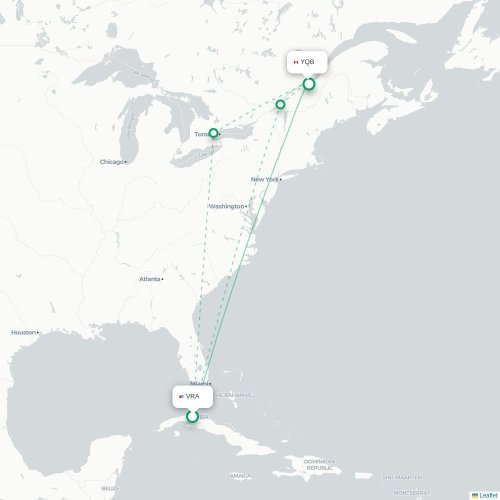 Mapa lotu bezpośredniego Varadero – Quebec