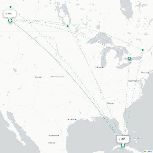Mapa lotu bezpośredniego Varadero – Calgary