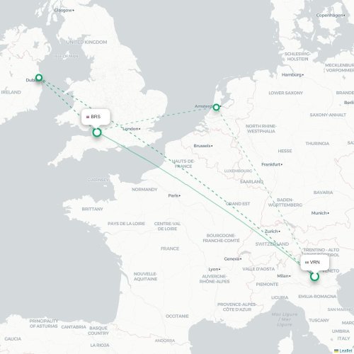 Mapa de vuelo directo Verona - Brístol