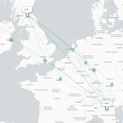 Mapa de vuelo directo Verona - Edimburgo