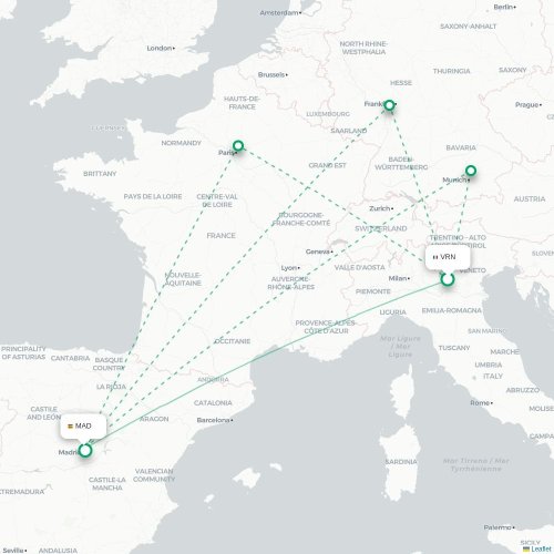 Vérone - Madrid carte du vol direct