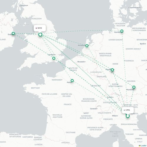 Mapa de vuelo directo Verona - Mánchester