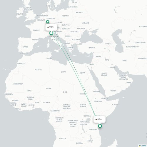 Mapa de vuelo directo Verona - Mombasa