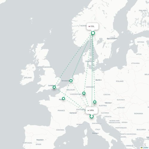 Verona - Oslo karta över direktflyg