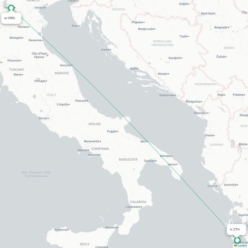 Verona - Zakynthos karta över direktflyg