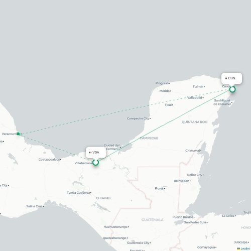 Villahermosa - Cancun karta över direktflyg