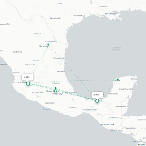 Villahermosa - Guadalajara karta över direktflyg