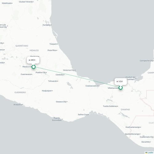 Villahermosa - Mexico City karta över direktflyg
