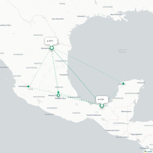 Villahermosa - Monterrey karta över direktflyg