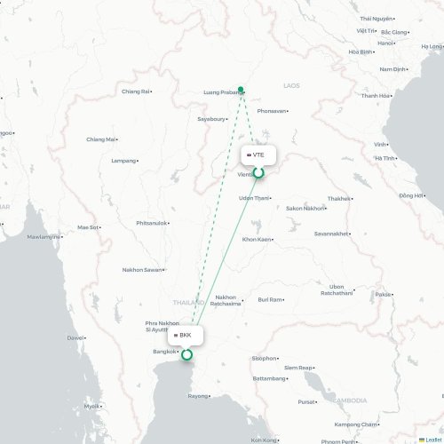 Mapa lotu bezpośredniego Wientian – Bangkok
