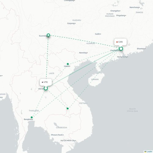 Mapa lotu bezpośredniego Wientian – Kanton