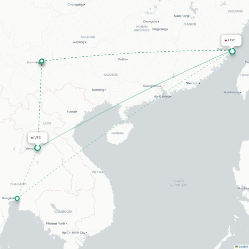 Mapa lotu bezpośredniego Wientian – Fuzhou