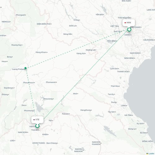 Mapa lotu bezpośredniego Wientian – Hanoi