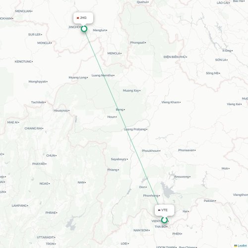Mapa lotu bezpośredniego Wientian – Xishuangbanna