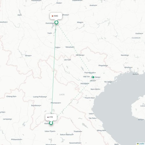 Mapa lotu bezpośredniego Wientian – Kunming