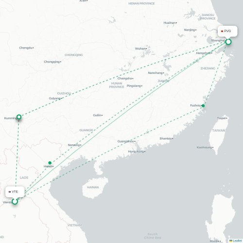 Mapa lotu bezpośredniego Wientian – Szanghaj