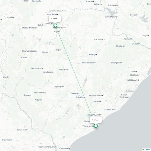 Visakhapatnam – Raipur suoran lennon kartta