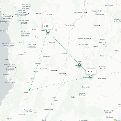 Villavicencio - Medellín kort over direkte fly