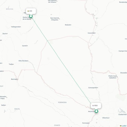 Mapa lotu bezpośredniego Santa Cruz – Asunción