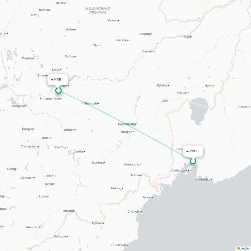 Mapa lotu bezpośredniego Władywostok – Harbin