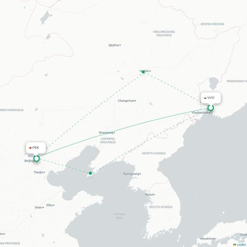 Mapa lotu bezpośredniego Władywostok – Pekin