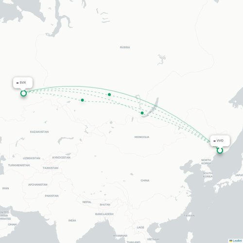 Mapa lotu bezpośredniego Władywostok – Jekaterynburg