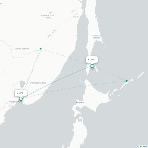 Mapa lotu bezpośredniego Władywostok – Jużno-Sachalińsk