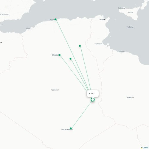 Illizi - Ouargla kaart van rechtstreekse vlucht