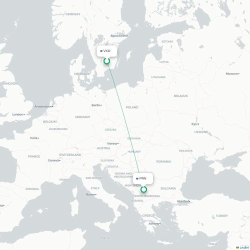 Växjö - Pristina karta över direktflyg