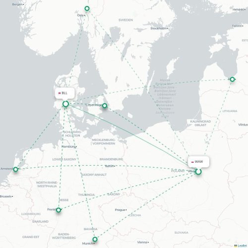 Mapa lotu bezpośredniego Warszawa – Billund