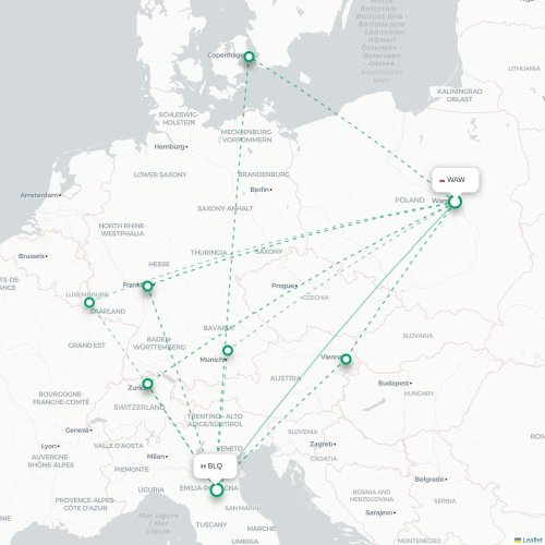 Mapa lotu bezpośredniego Warszawa – Bolonia