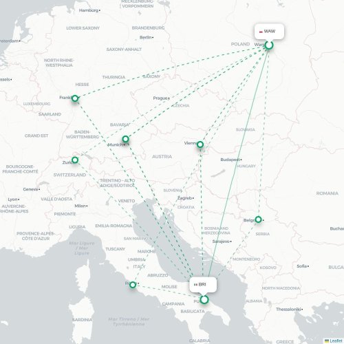 Mapa lotu bezpośredniego Warszawa – Bari