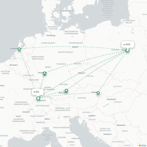 Mapa lotu bezpośredniego Warszawa – Bazylea, Szwajcaria