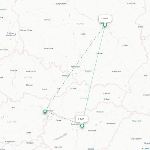 Warschau - Boedapest kaart van rechtstreekse vlucht