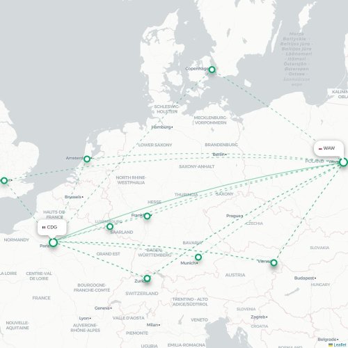 Mapa lotu bezpośredniego Warszawa – Paryż