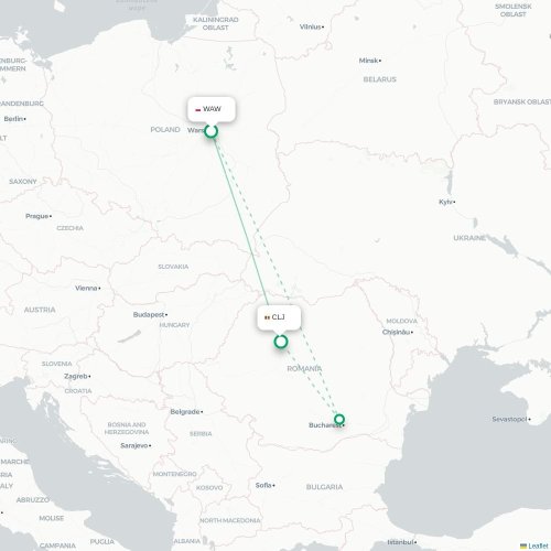 Varsova – Cluj-Napoca suoran lennon kartta