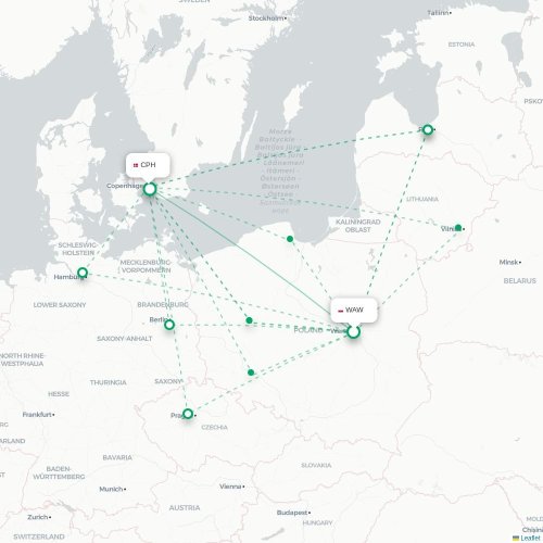 Mapa lotu bezpośredniego Warszawa – Kopenhaga