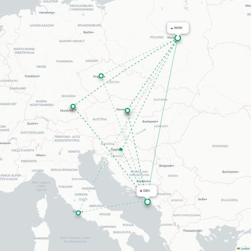 Mapa lotu bezpośredniego Warszawa – Dubrownik
