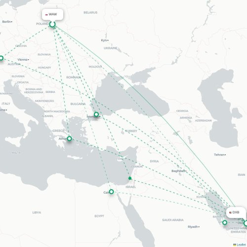 Mapa lotu bezpośredniego Warszawa – Dubaj