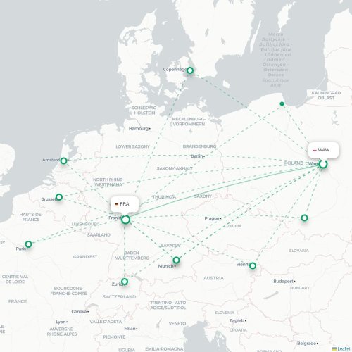 Mapa de vuelo directo Varsovia - Fráncfort