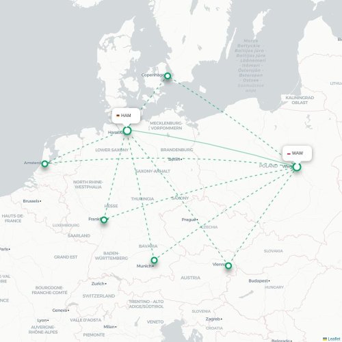 Mapa de vuelo directo Varsovia - Hamburgo
